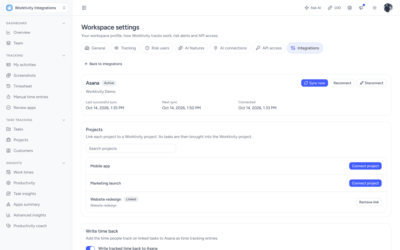 Asana-Verbindung in Worktivity mit verknüpften Projekten