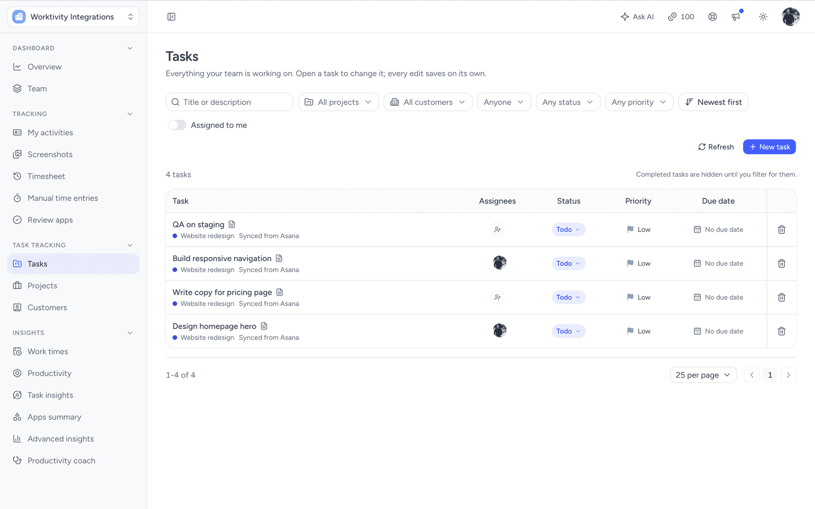 Worktivity-Aufgabenansicht mit Aufgaben, die als „Aus Asana synchronisiert“ gekennzeichnet sind, samt Zuständigen