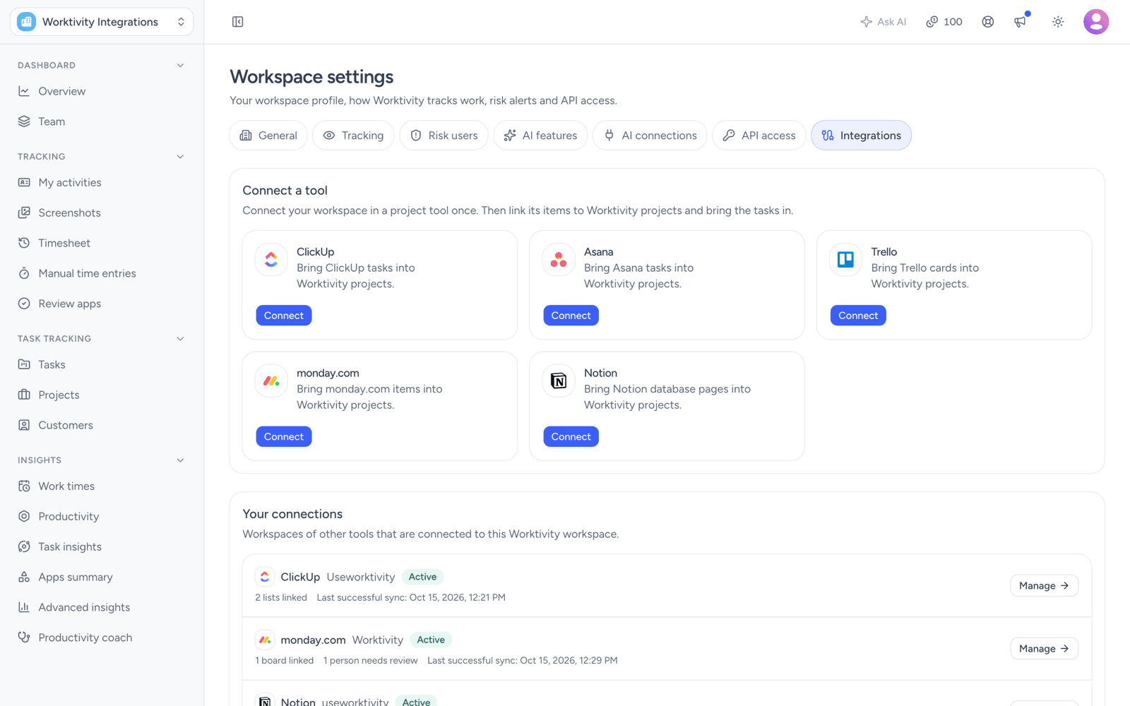 Worktivity Workspace settings, Integrations tab, with five tool cards under Connect a tool (ClickUp, Asana, Trello, monday.com and Notion), each with its logo and a Connect button, and ClickUp, monday.com and Notion listed as Active under Your connections
