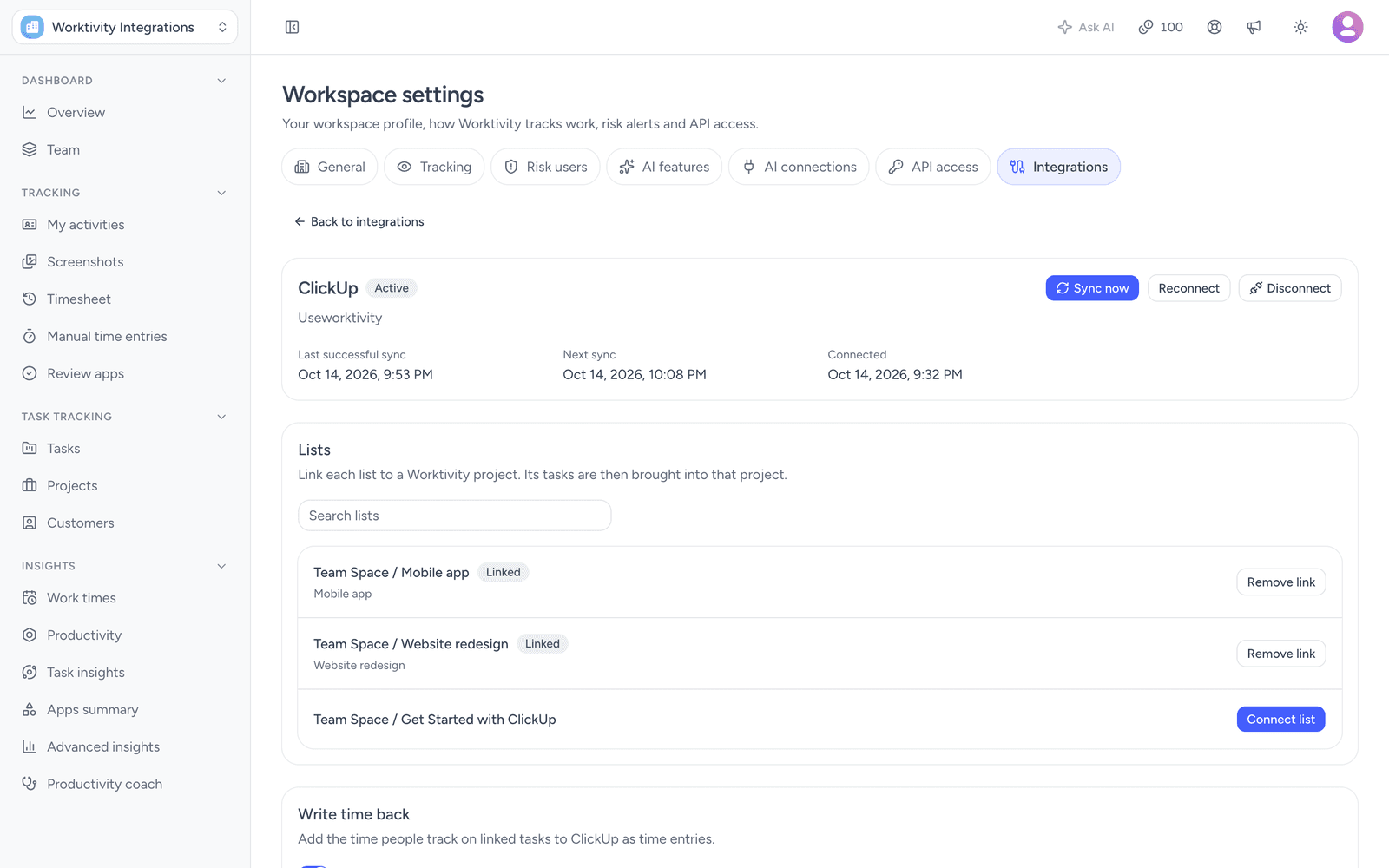 ClickUp connection in Worktivity with two linked lists