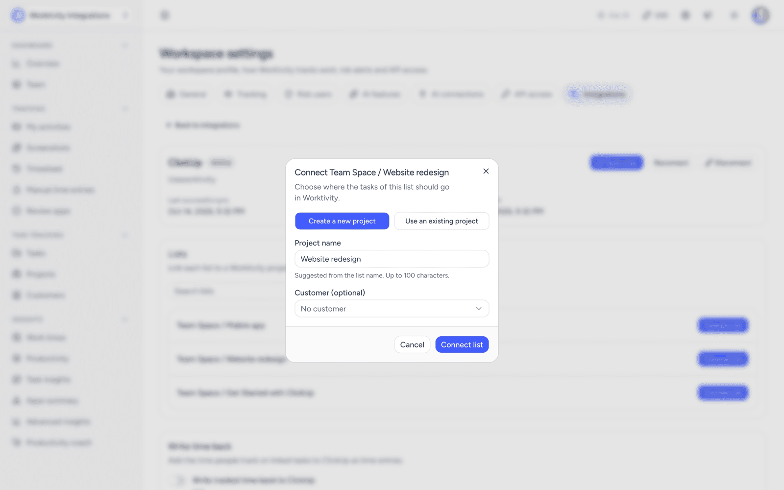 Connect Team Space / Website redesign window in Worktivity, offering to create a new project or use an existing one, with a project name field and an optional customer
