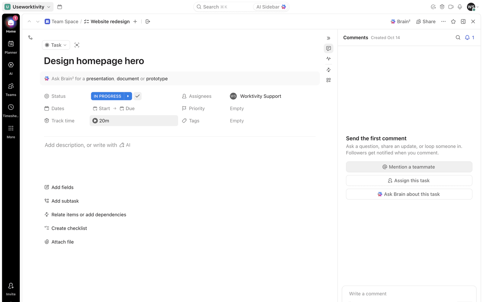 ClickUp task Design homepage hero with 20m shown in its Track time field and one assignee