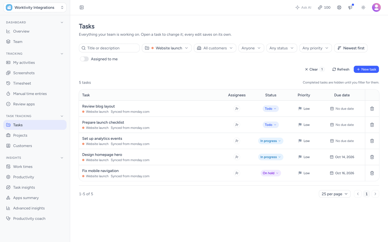 Worktivity Tasks screen filtered to the Website launch project, listing five tasks marked Synced from monday.com with statuses Todo, In progress and On hold, two of them with due dates (Oct 14 and Oct 16, 2026) and none with an assignee