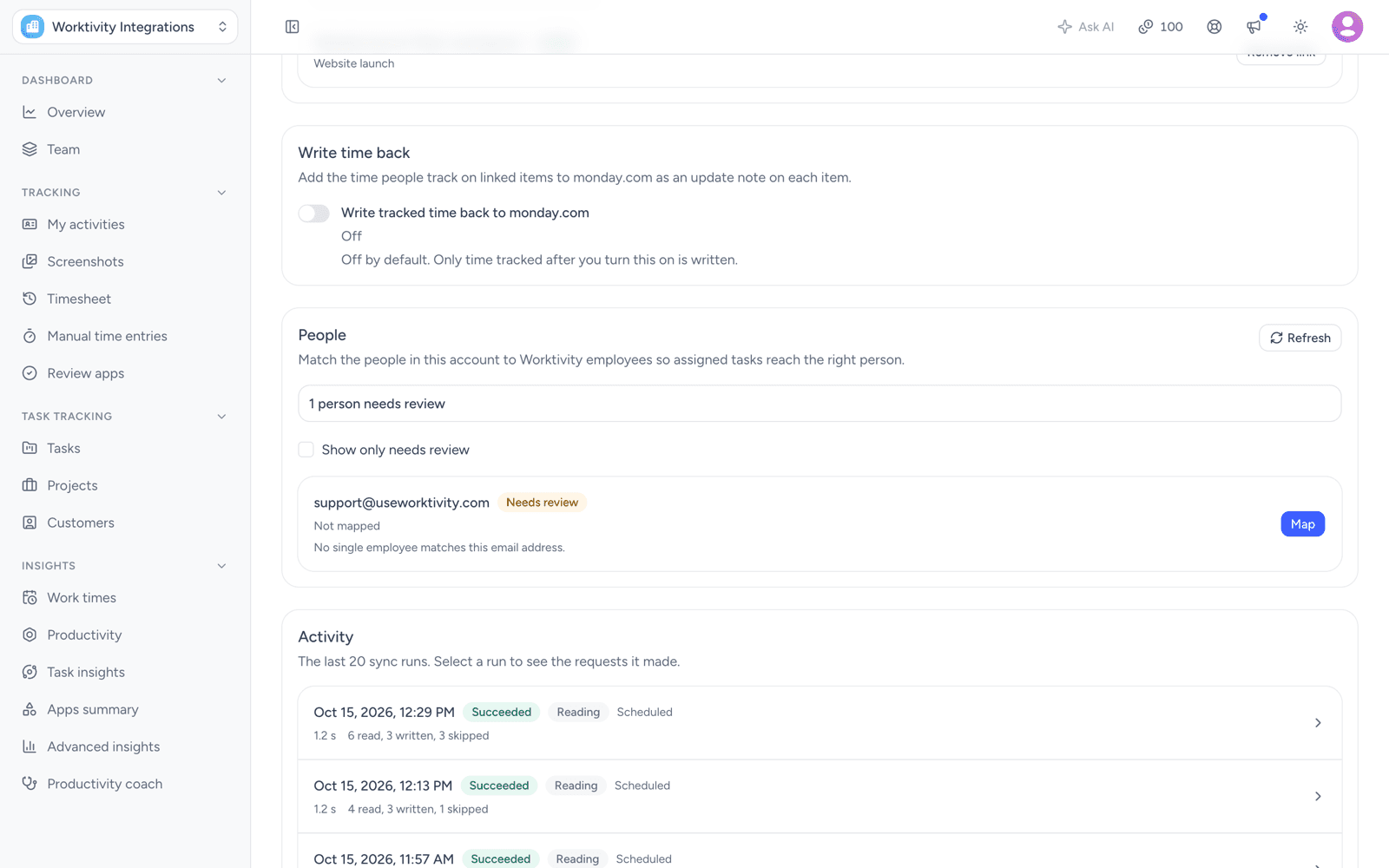 Worktivity monday.com connection page with Write tracked time back to monday.com switched off, a People section with one person marked Needs review and a Map button, and an Activity list of succeeded sync runs below