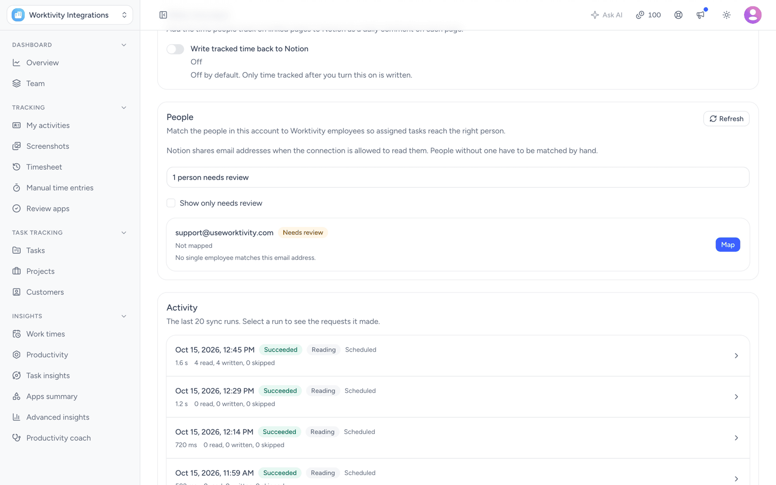 Worktivity Notion connection page with Write tracked time back to Notion switched off, a People section noting that Notion shares email addresses only when allowed, one person marked Needs review with a Map button, and an Activity list of sync runs