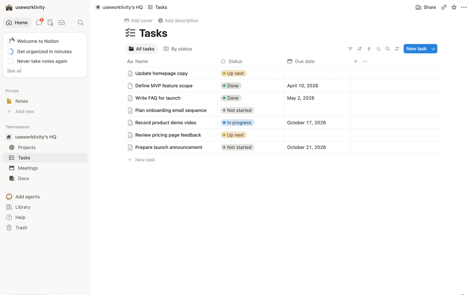 The Tasks database in Notion under useworktivity's HQ, shown as a table with seven pages, a Status column (Up next, Done, Not started and In progress) and a Due date column