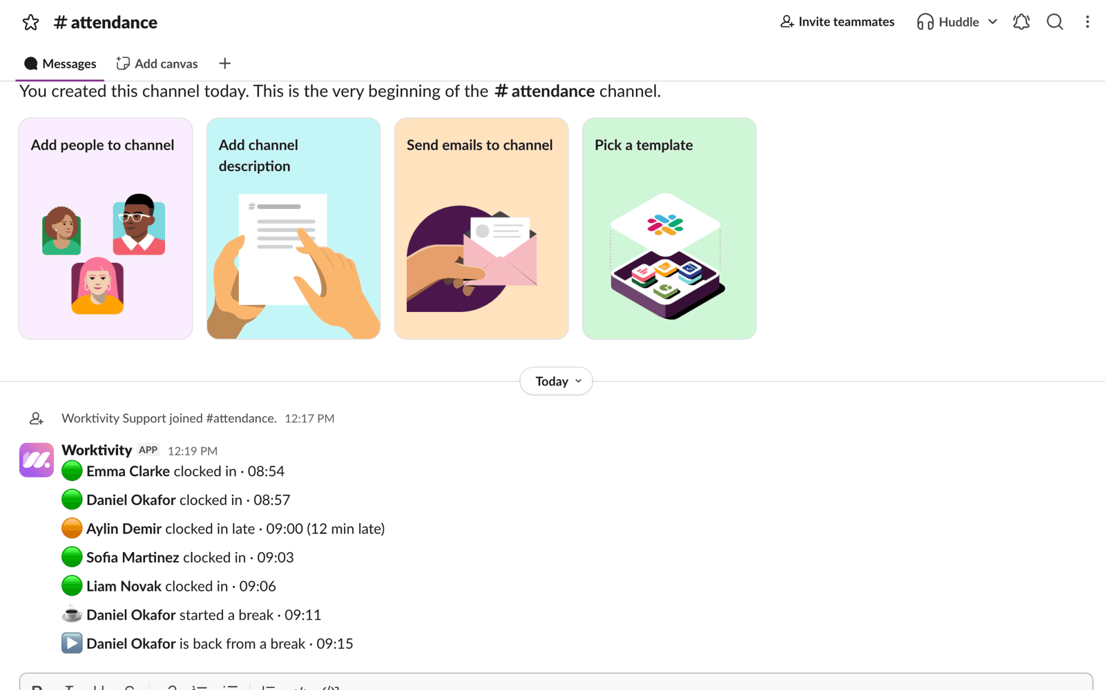 Der Kanal #attendance in Slack mit sieben Nachrichten der Worktivity-App: fünf Einstempelungen mit Uhrzeiten zwischen 08:54 und 09:06, eine davon als verspätet markiert (12 Min. zu spät), dann eine Pause um 09:11 und die Rückkehr derselben Person aus der Pause um 09:15