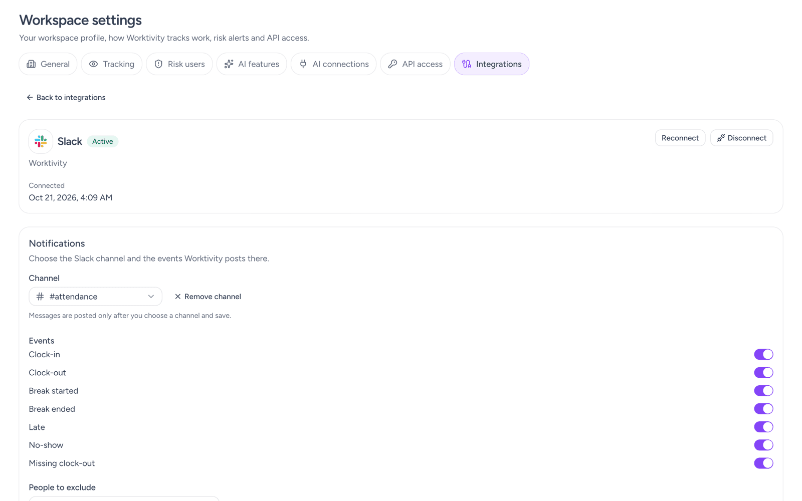 Worktivity-Workspace-Einstellungen, Reiter Integrationen, Slack-Seite mit Slack-Logo und Aktiv-Kennzeichen, den Schaltflächen Erneut verbinden und Trennen sowie einem Bereich Benachrichtigungen mit gewähltem Kanal #attendance, einer Schaltfläche Kanal entfernen und sieben eingeschalteten Ereignisschaltern: Einstempeln, Ausstempeln, Pause begonnen, Pause beendet, Verspätung, Nicht erschienen und Fehlendes Ausstempeln