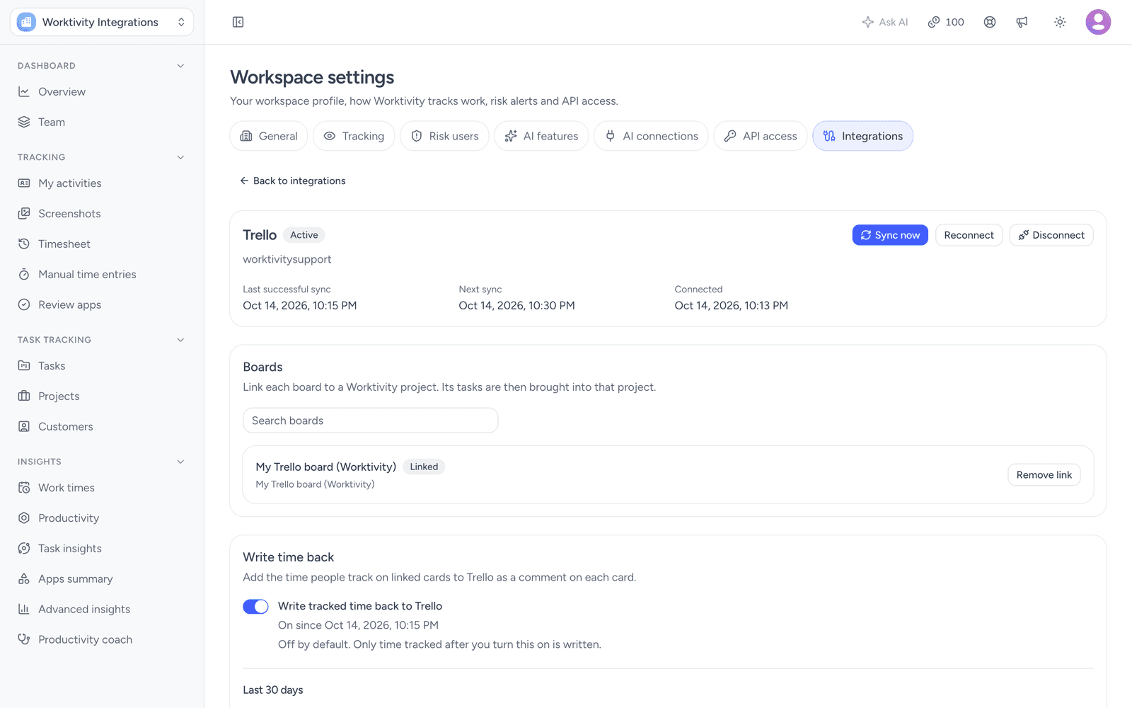 Trello connection in Worktivity with a linked board and Write time back turned on