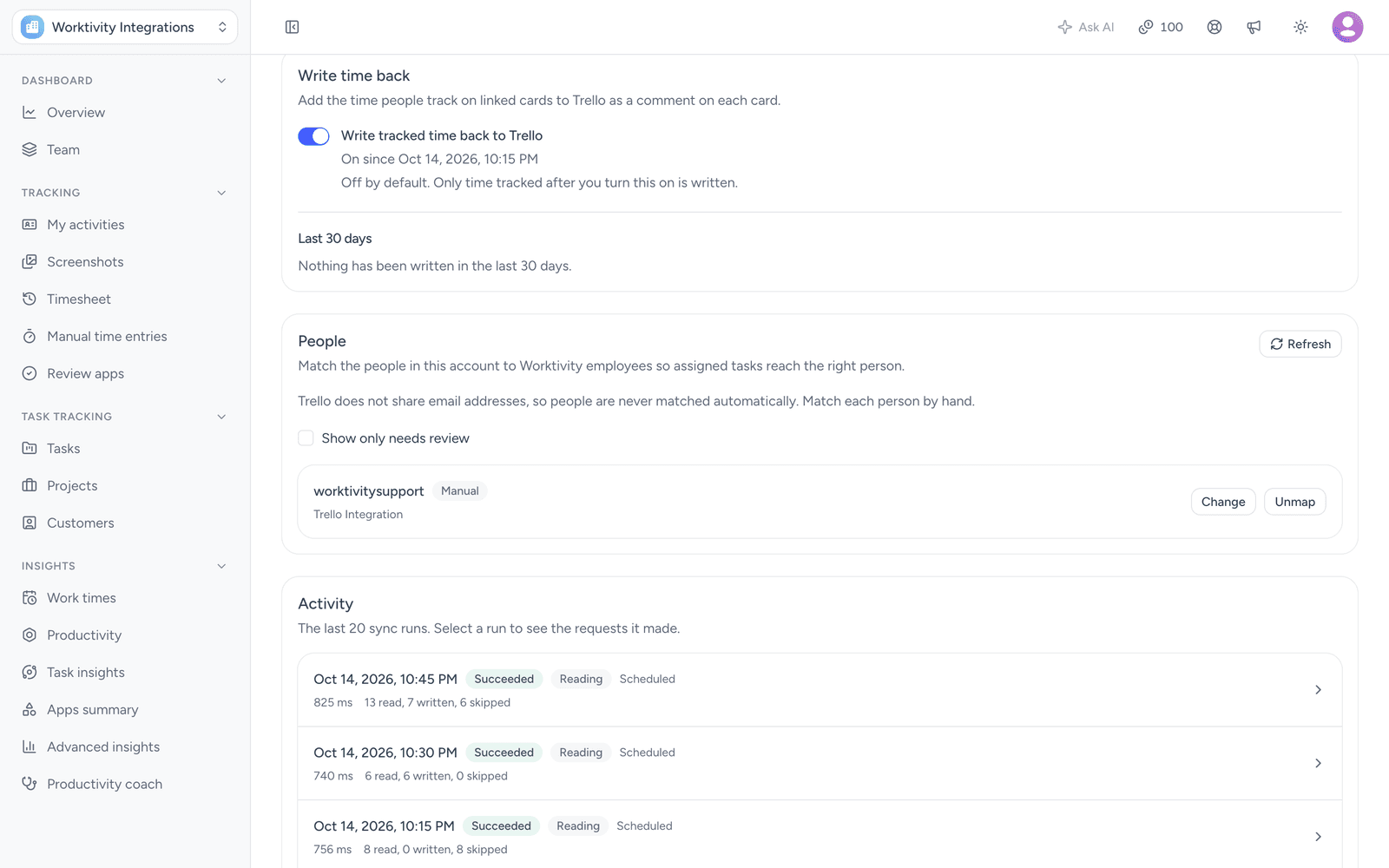 Worktivity Trello connection page with Write tracked time back to Trello switched on, a People section noting that Trello does not share email addresses with one person matched manually, and an Activity list of succeeded sync runs